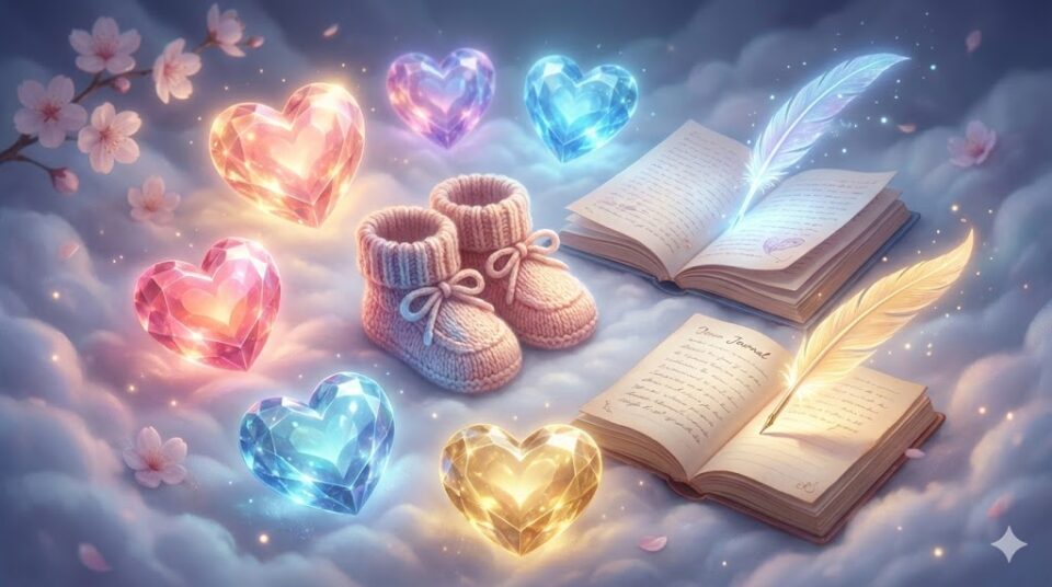 妊婦の夢における感情や行動を象徴する挿絵。喜びや不安を表す色とりどりのハート型宝石