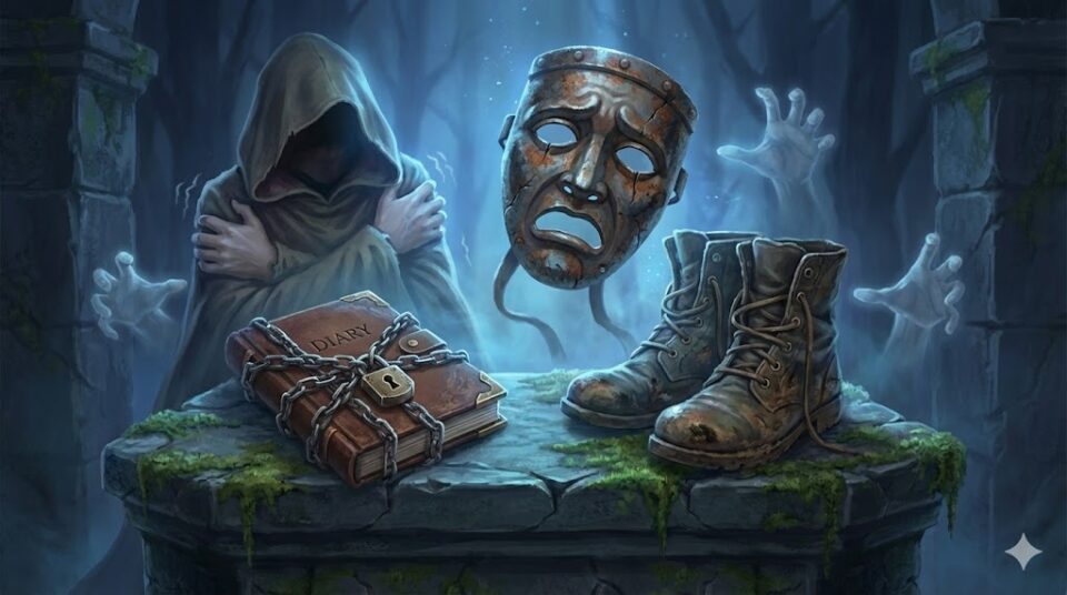 ストーカーの夢における感情や行動を象徴する挿絵。恐怖の仮面