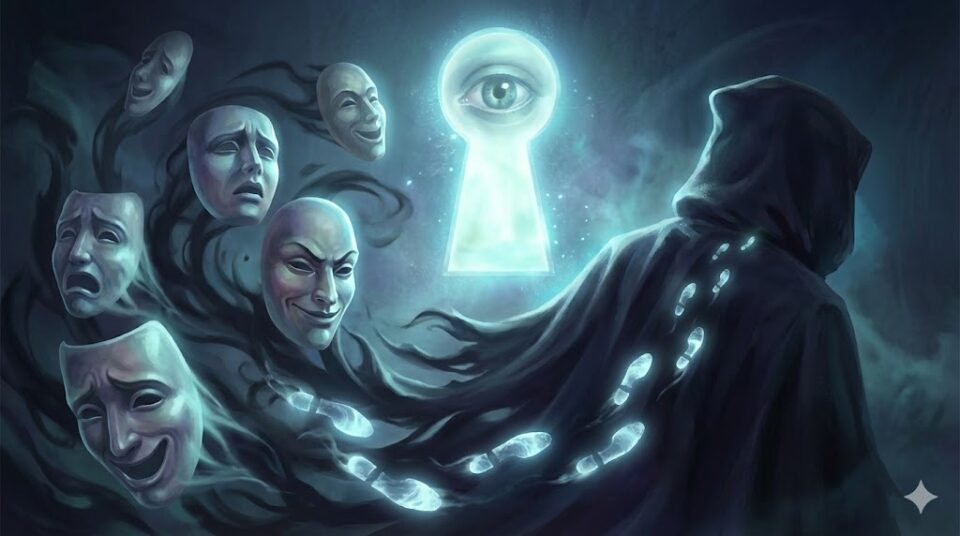 泥棒の夢における感情や行動を象徴する挿絵。不安や恐怖の表情を浮かべる仮面