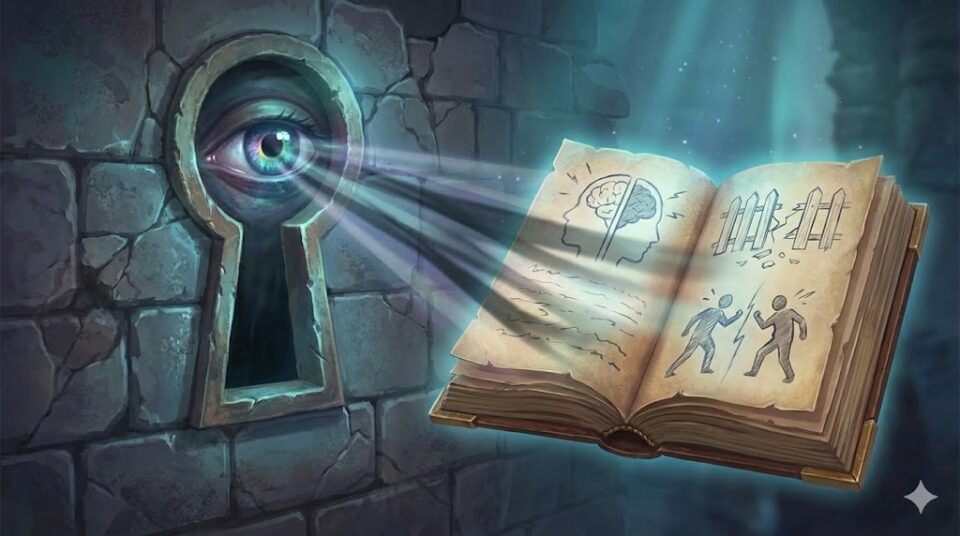 泥棒と鉢合わせる夢の意味を象徴する挿絵。鍵穴から覗く神秘的な目