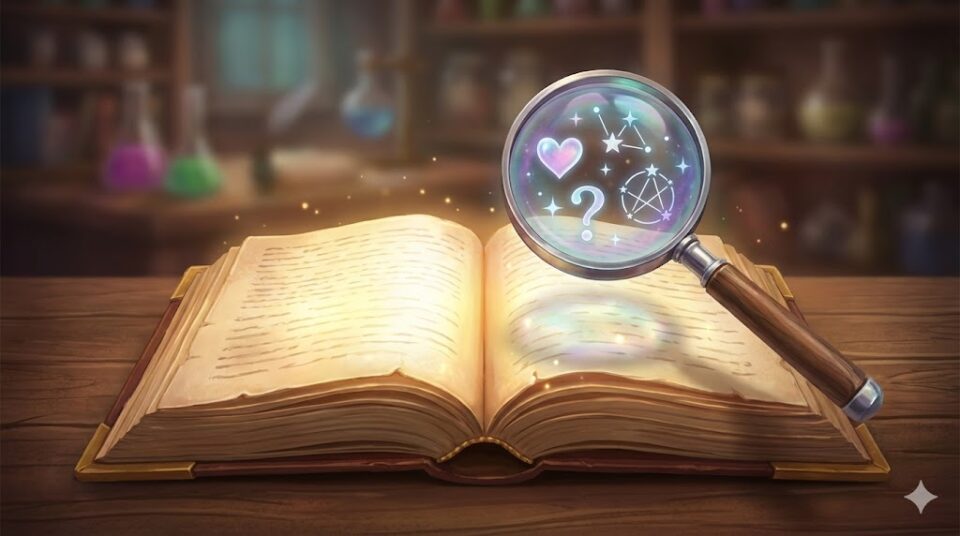 夢占い 好きな人の夢の要約。古い魔法の書物と、その上にあるルーペがハートや星のマークを映し出している、診断を象徴する静物画イラスト。