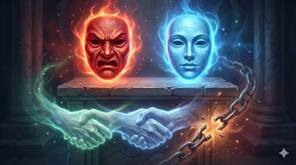 父親の夢における感情や行動を象徴する挿絵。怒りを表す赤い仮面