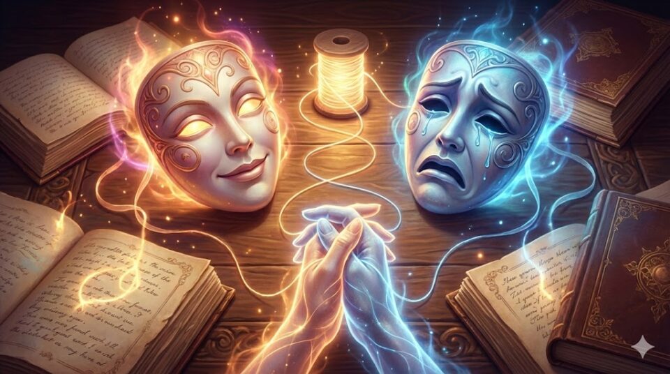 母親の夢における感情や行動を象徴する挿絵。笑顔と泣き顔の二つの仮面が光る糸