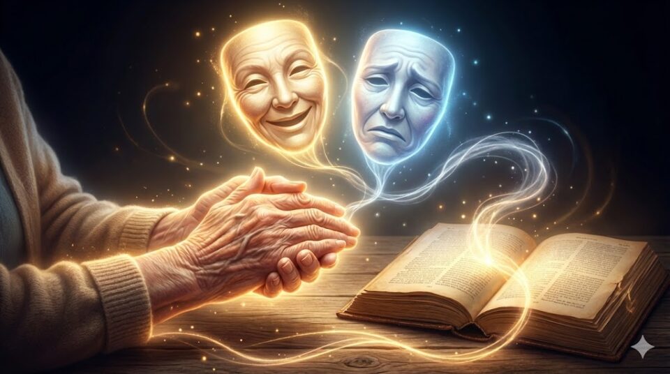 祖母の夢における感情や行動を象徴する挿絵。温かい光を放つ