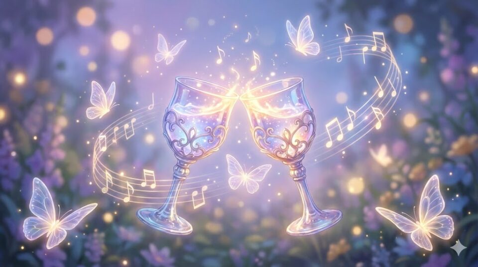 夢占い 友達の夢 遊び 交流 光るグラスで乾杯する幻想的なイラスト