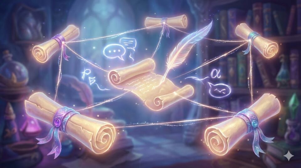 夢占い 同僚の夢 仕事 コミュニケーション 光る糸で繋がれた巻物と羽ペンのイラスト