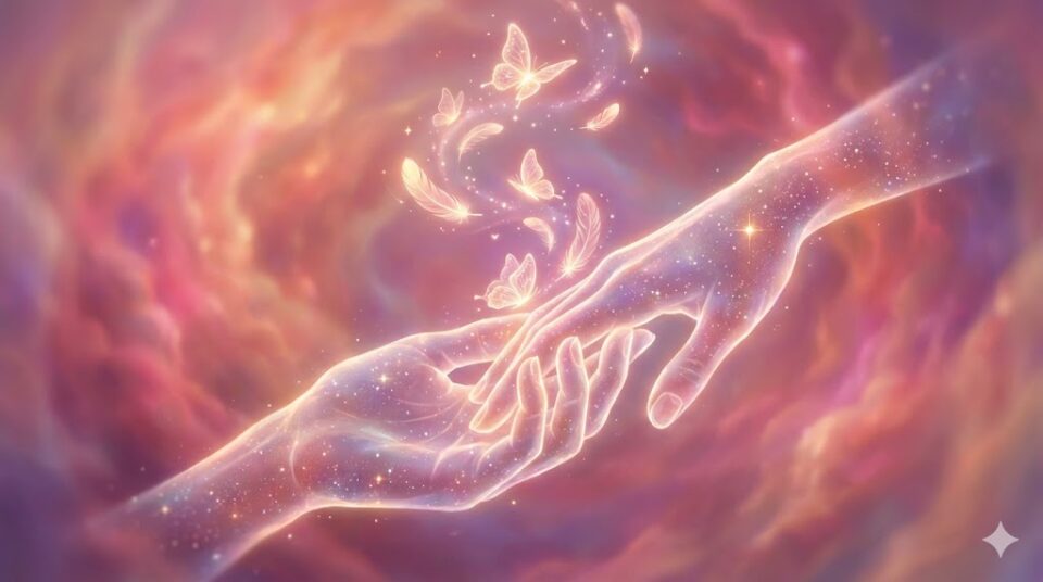 夢占い 恋愛の夢 感情 行動 絡み合う光る手と蝶、羽のイラスト