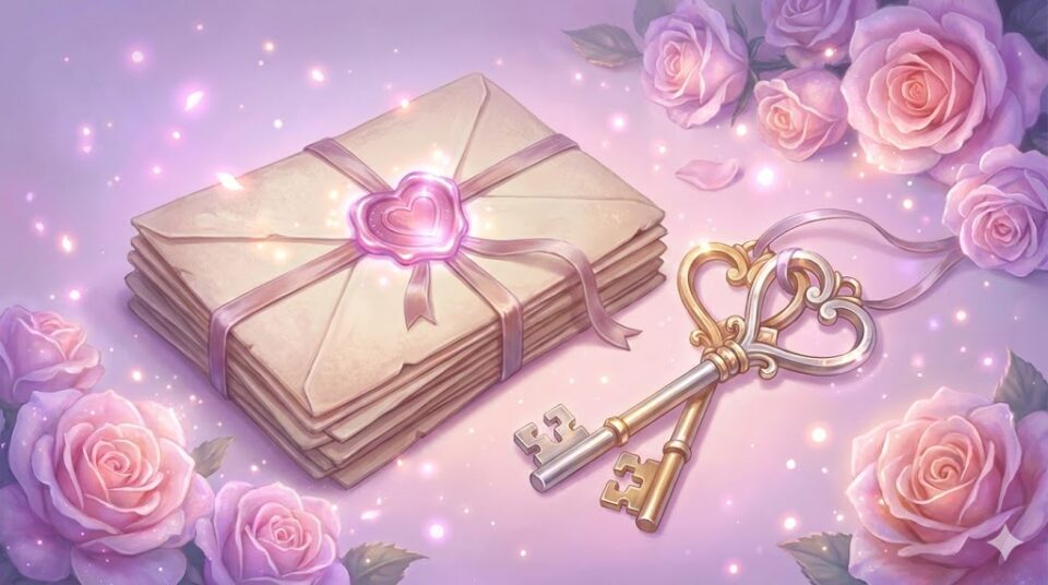 夢占い 告白の夢 原因 対象 好意 未練 封蝋の手紙と絡み合う鍵のイラスト