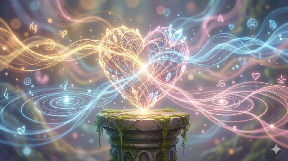 夢占い 感情 行動 光る心臓と感情の波紋を示す抽象的なイラスト