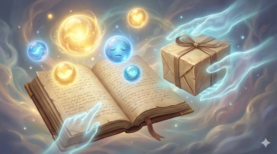 夢占い 祖父 感情 行動 光る感情の球体と日記、贈り物を示す抽象的なイラスト