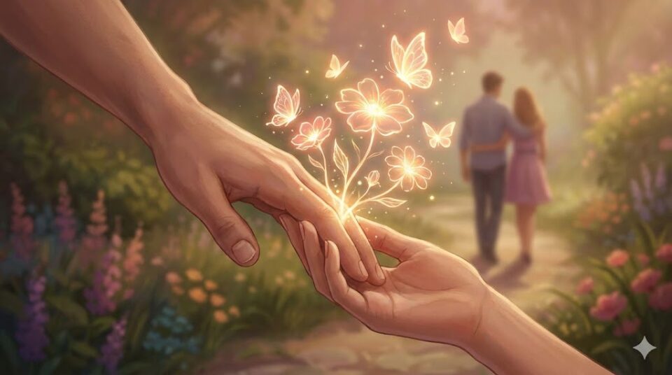 夢占い 元彼とのポジティブな行動。触れ合う手から光る花と蝶が生まれ、仲睦まじいカップルのシルエットが背景に浮かぶ、愛と調和を象徴する幻想的なイラスト。