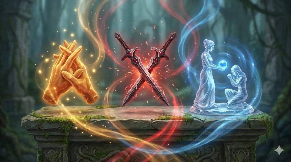 夢占い 弟 感情 行動 協力する手、対立する剣、助け合う像が異なる色の光を放つ抽象的なイラスト