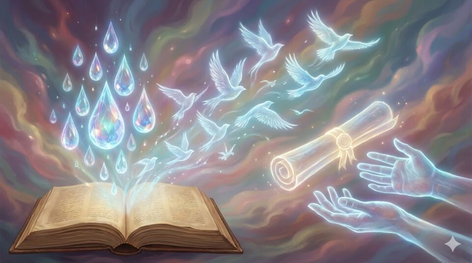 夢占い 卒業式 感情 行動 光る涙の雫が鳥となって飛び立ち、証書を受け取る手を表現した抽象的なイラスト