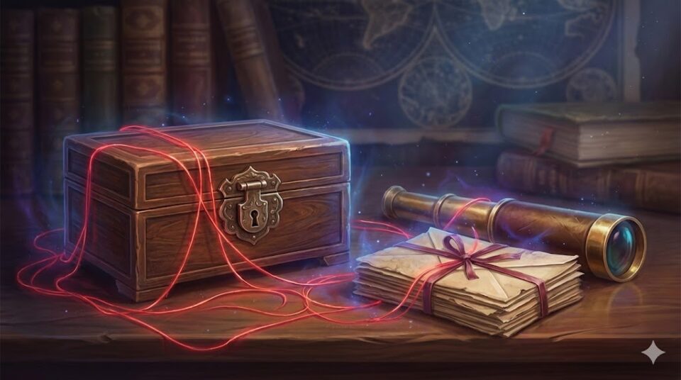 幼なじみの夢の意味 原因・対象別 挿入画像。鍵のかかった木箱、赤い糸で結ばれた手紙の束、アンティークな望遠鏡が、神秘的な青い光を放つ書斎の机に置か