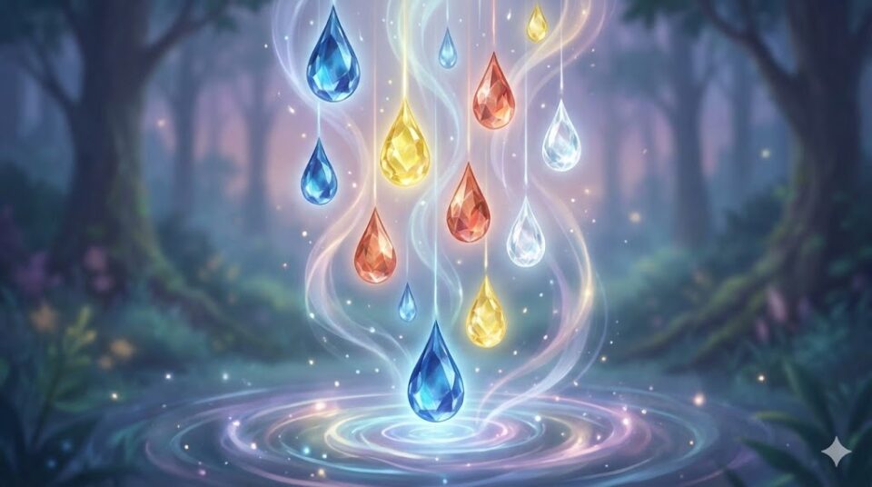 夢占い 泣く夢 感情・行動別 様々な色の涙の結晶が水面に落ちる幻想的なイラスト