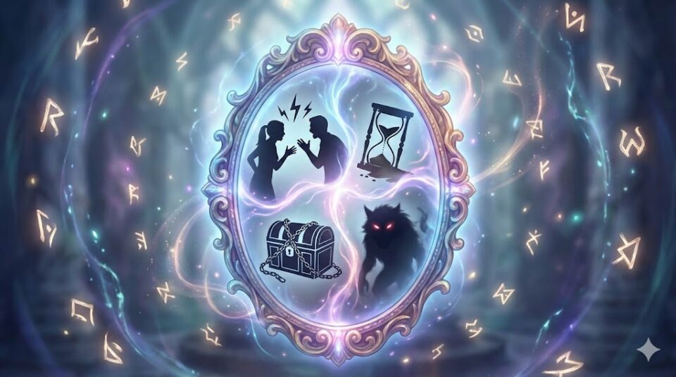 夢占い 怒る夢 原因・対象別 魔法の鏡に映る人間関係やストレスのシルエットイラスト