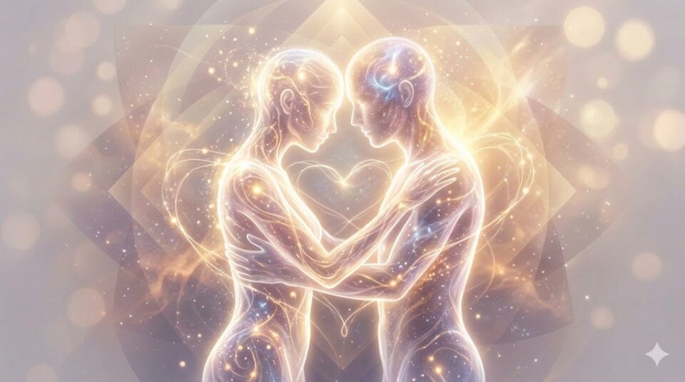 夢占い元彼キス精神的なつながりと承認の象徴として、魔法の光の糸で結ばれた2つの透明なオーブ