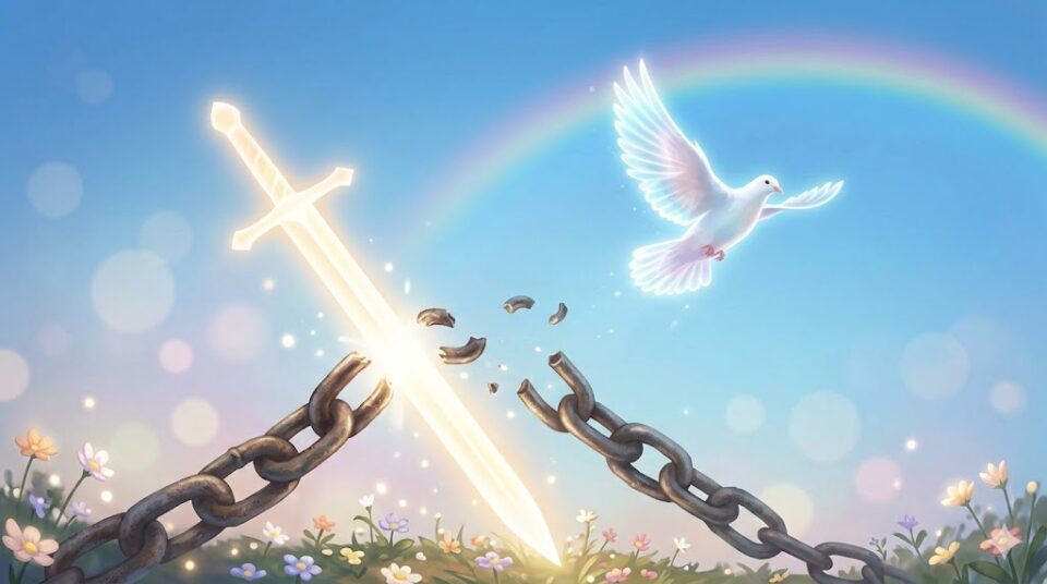 過去との完全な決別と自立を象徴する、幻想的なイラスト。