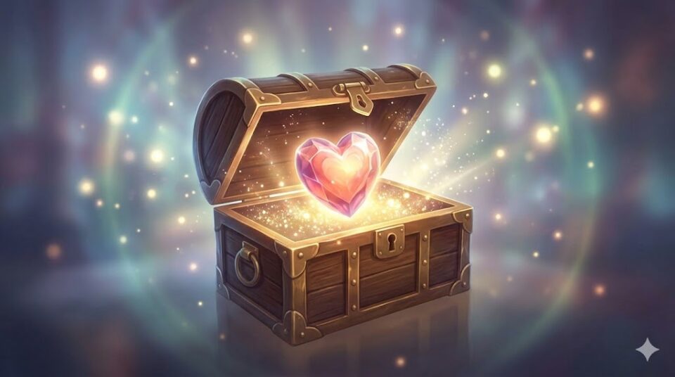 夢占い 元彼とデート 充実感やときめきへの渇望を表す、輝く光が溢れ出るアンティークな宝箱のイラスト。