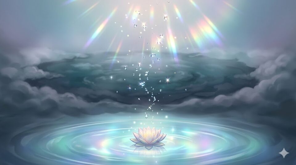 元彼と喧嘩する夢のデトックス効果と葛藤解消を象徴する、濁った水から浮かび上がる輝く水滴と浄化された泉の蓮の花のイラスト