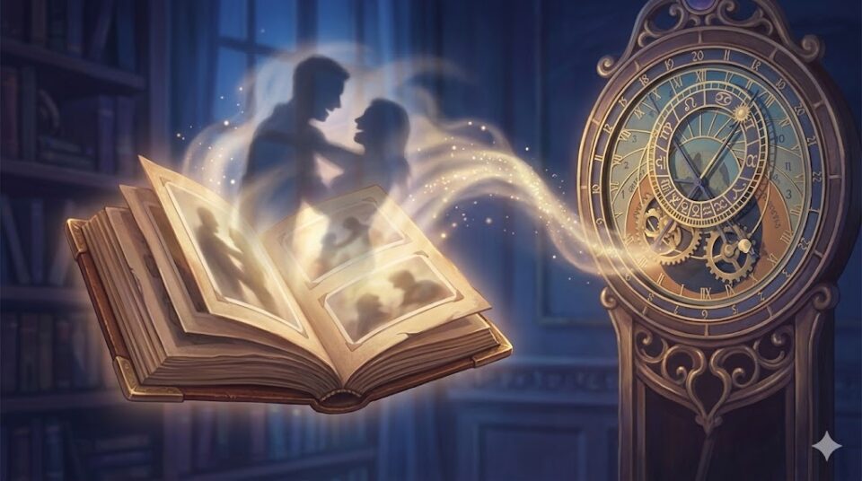 元彼と再会する夢の過去との直面を象徴する、古いアルバムから溢れる光とぼんやりとした二人の影、アンティーク時計のイラスト