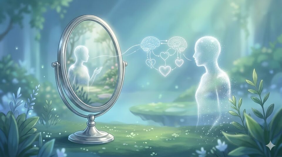 元彼と話す夢の自己対話を象徴する、浮かび上がった光の概念図と鏡に映る幽体のような自分たちの幻想的なイラスト