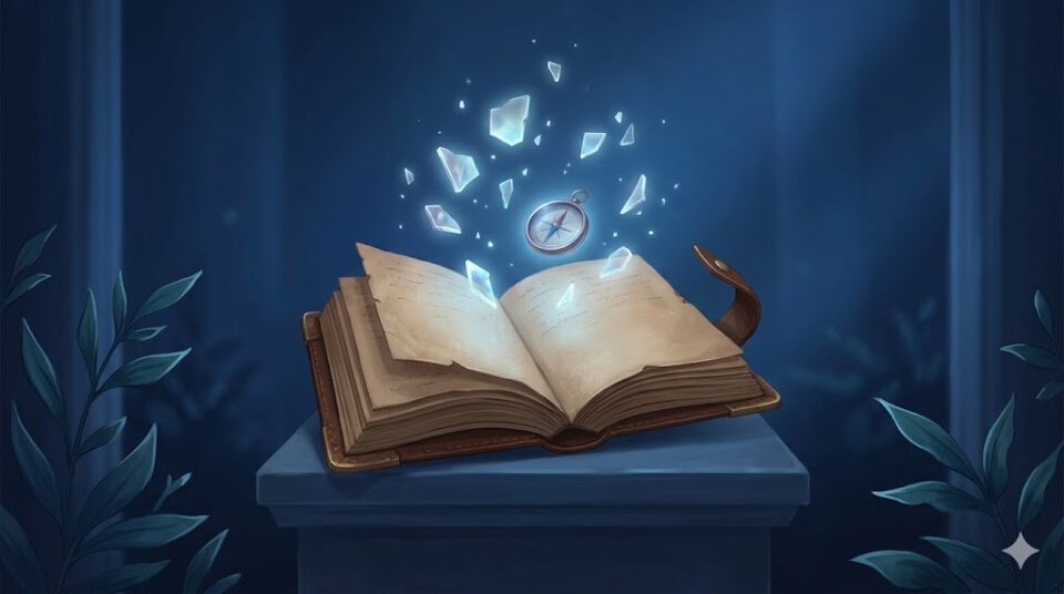 元彼が出てくる夢の意味を象徴する、静かな庭園に浮かぶ古い夢日記と記憶の破片の幻想的なイラスト