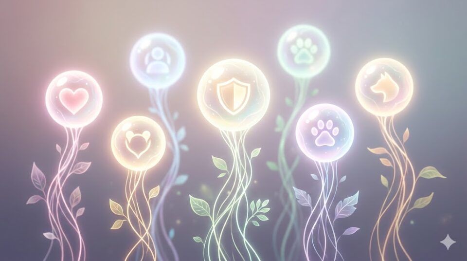 添い寝する夢の意味【原因・対象別】 異なる夢のオーブと植物の根から生まれる幻想的なイラストレーション