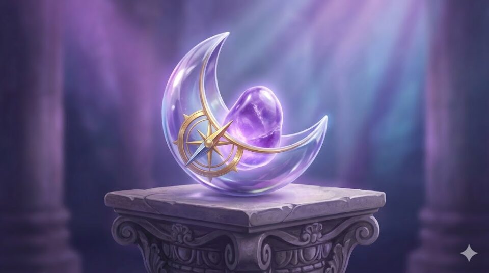 好きな人が右側にいる夢の意味 羅針盤が右を指す水晶鉢とアメジストの幻想的なイラストレーション