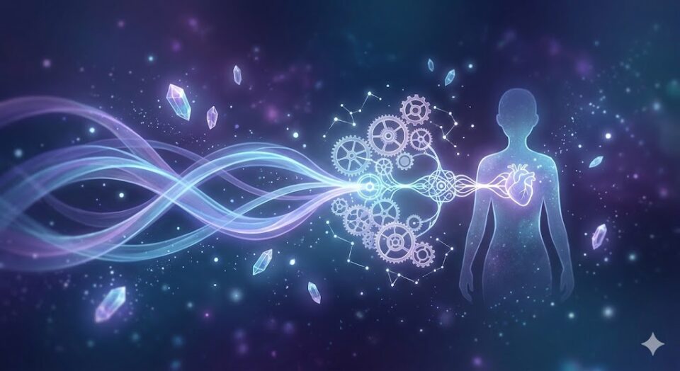 好きな人が左側にいる夢の意味。羅針盤が左を指す水晶鉢とアメジストの幻想的なイラストレーション