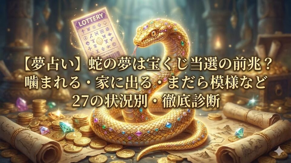 夢占い 蛇 宝くじ 金運 黄金の蛇と宝くじ、金貨が輝く幻想的なアイキャッチ画像