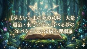 夢占い 虫の夢の意味。光る蝶や甲虫が飛び出す魔法の書物と、記事タイトル「【夢占い】虫の夢の意味|大量・退治・刺される・食べる夢の26パターンの深層心理網羅」が描かれた幻想的なアイキャッチ画像。
