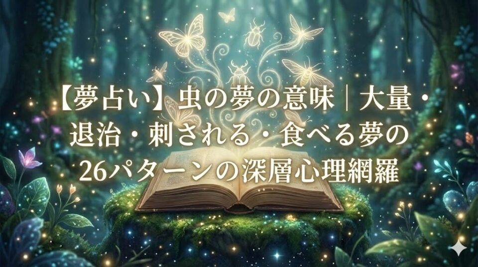 夢占い 虫の夢の意味。光る蝶や甲虫が飛び出す魔法の書物と、記事タイトル「【夢占い】虫の夢の意味|大量・退治・刺される・食べる夢の26パターンの深層心理網羅」が描かれた幻想的なアイキャッチ画像。