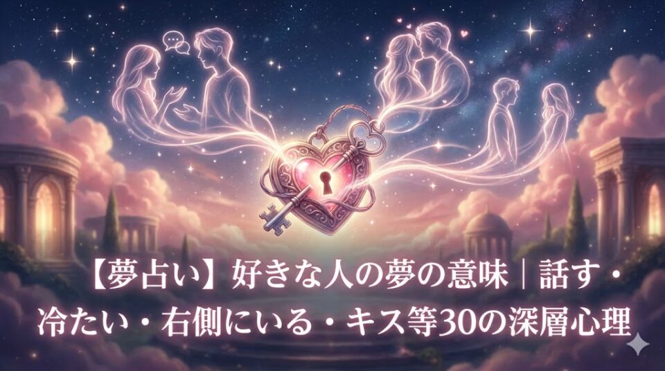 夢占い 好きな人の夢の意味。ハート型の鍵と錠前が、夜空に浮かぶカップルのシルエットと赤い糸を繋いでいる幻想的なアイキャッチ画像。記事タイトルが中央に配置されている。