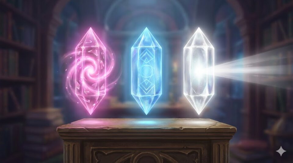 夢占い 元彼の夢を見る理由。未練(ピンクの渦)、整理(青い幾何学模様)、予兆(白い光線)を象徴する3つの光るクリスタルが並ぶ幻想的なイラスト。