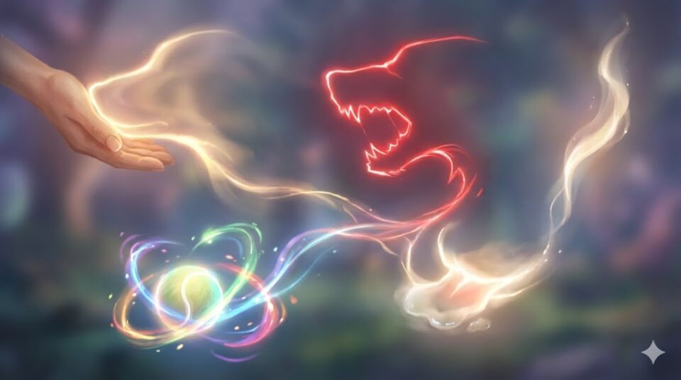 夢占い 犬 行動 メッセージ なつく手、噛む牙、遊ぶボールの光の軌跡が描かれた幻想的な抽象画