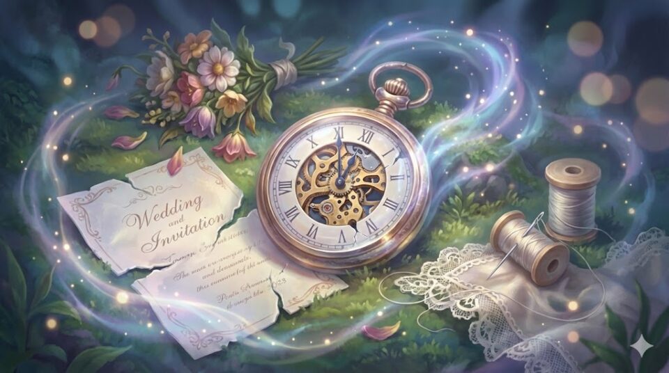 夢占い 結婚式でのハプニング(準備不足、遅刻、失敗)を象徴する壊れた時計や破れた招待状の幻想的な静物画
