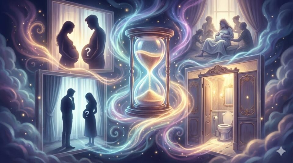 夢占い 出産の場所と状況(父親不明、出産間近、トイレ、他人)を象徴する幻想的なフレームのイラスト