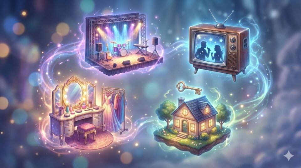 夢占い 芸能人が現れる場所(ライブステージ、テレビ、楽屋、自宅)を象徴する幻想的なミニチュアのイラスト