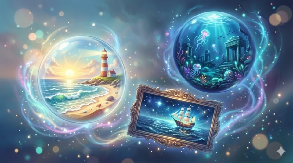 夢占い 海が現れる場所と状況(浜辺、深海、船上)を象徴する、幻想的なスノードームと額縁のイラスト