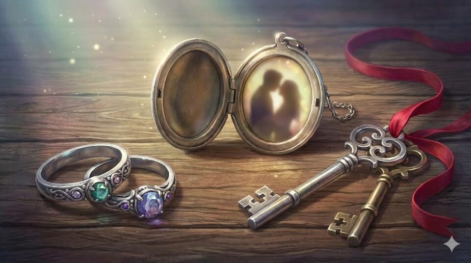 キスの夢 相手別 ペアリング、カップルのシルエットが入ったロケット、赤いリボンで結ばれた鍵の静物イラスト