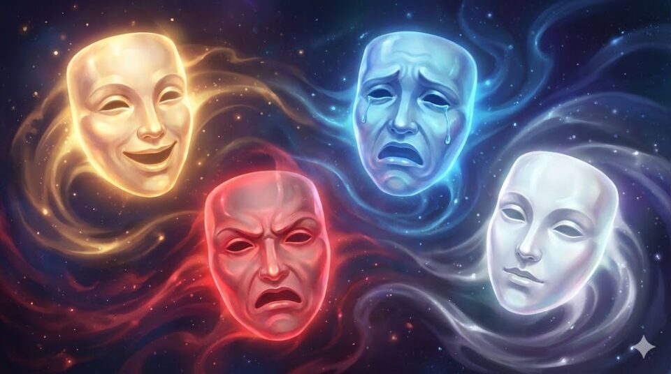 夢占い 亡くなった人 表情 感情 笑顔、泣き顔、怒り顔、穏やかな顔の光る仮面の抽象的なイラスト