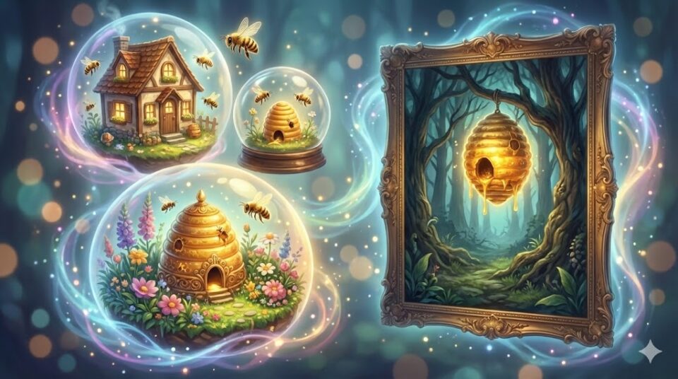 夢占い 蜂が現れる場所(家、庭、森の巣)を、幻想的なスノードームと額縁の中に表現したイラスト
