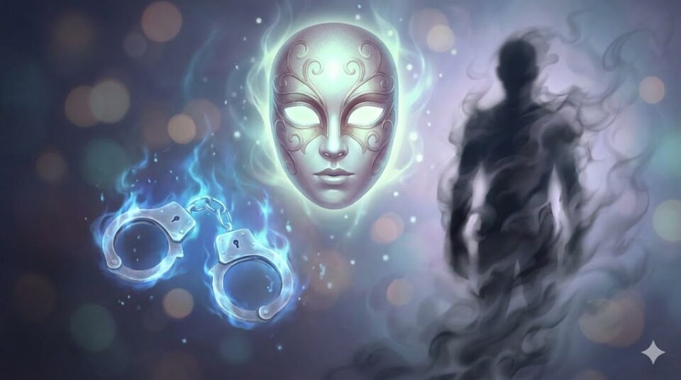 夢占い 追いかけられる夢の対象(知らない人、警察、幽霊)を象徴する、仮面、手錠、影の幻想的なイラスト