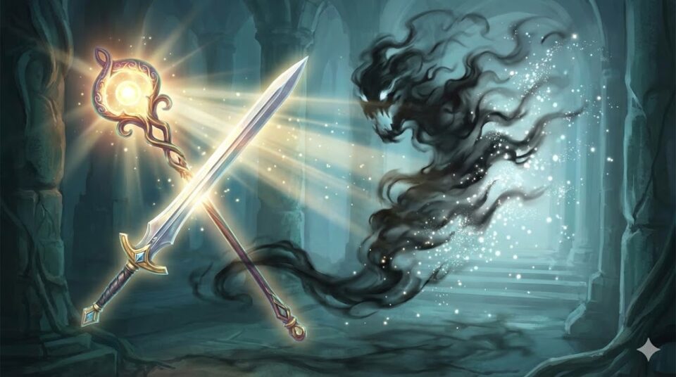 夢占い ゴキブリとの戦いの結果。魔法の杖と剣が交差し、暗い影を光で払い除けている様子を描いた、退治と克服を象徴するイラスト。