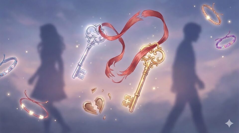 夢占い 恋人や友人と喧嘩する夢 解けかけた赤いリボンと鍵、割れたハートの幻想的なイラスト