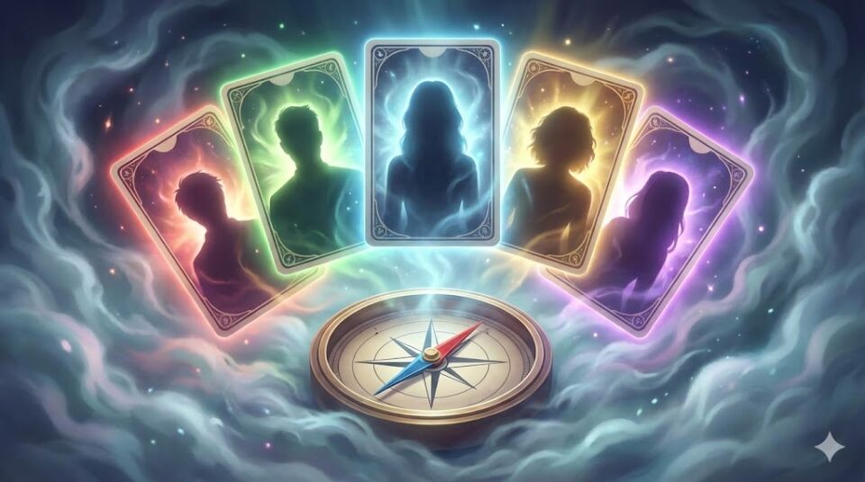 夢占い 浮気相手は誰 シルエットが描かれたタロットカードと羅針盤のイラスト