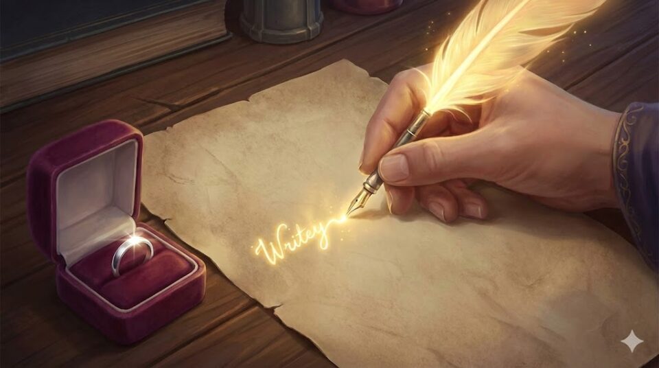 夢占い プロポーズする夢 自分から 状況別 光る羽ペンで手紙を書く手と指輪の箱のイラスト