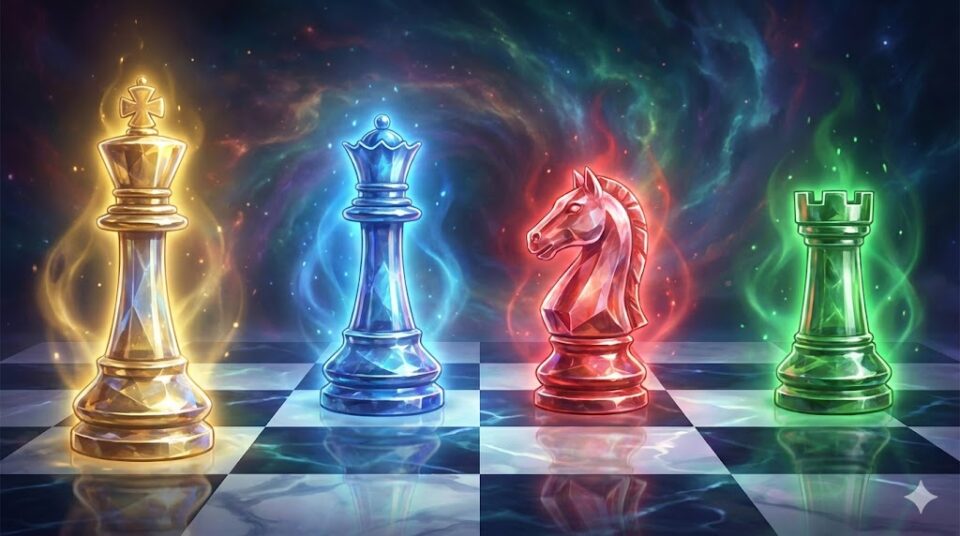 夢占い 自分が不倫する夢 相手別 異なる色のオーラを放つチェスの駒のイラスト