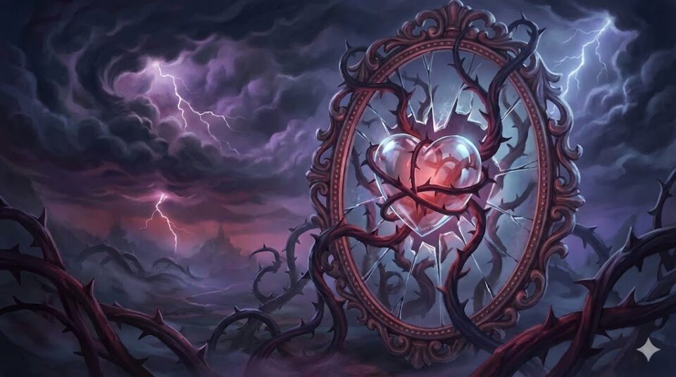 元旦那とのトラブルの夢を象徴する、嵐の中で茨に囚われた心臓が映る、ひび割れた鏡の幻想的なイラスト。